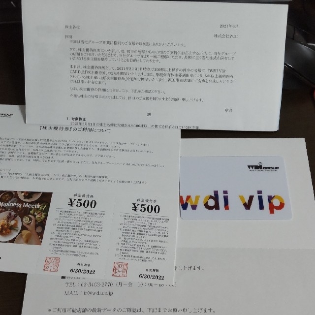 最新 WDI 株主優待 6000円分 VIPカード付き