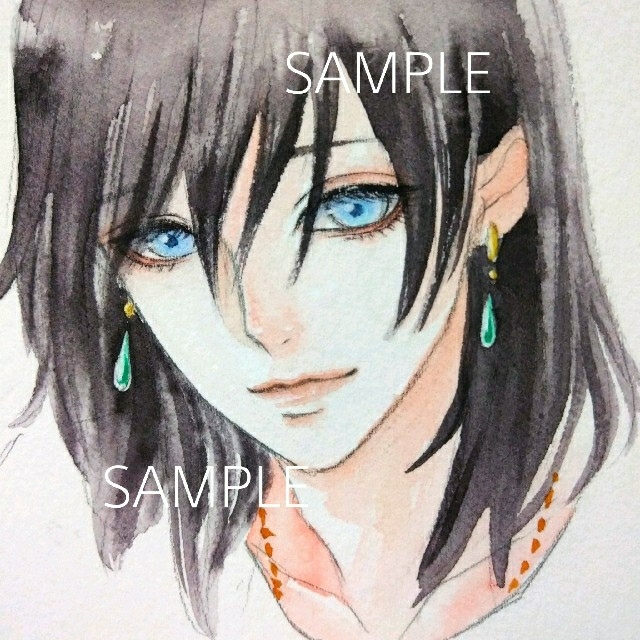 数量限定 専用 手描きイラスト 黒髪ボブの男子 水彩画 絵画 タペストリー Raffles Mn