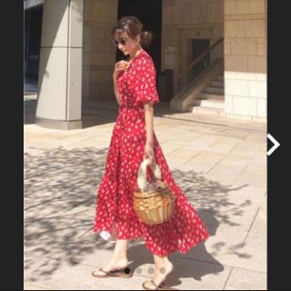 Flower Jacquard Wrap Dress in Red  レディース(ロングワンピース/マキシワンピース)