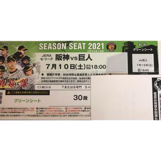 ハンシンタイガース(阪神タイガース)の阪神 vs 巨人 グリーンシート通路側 7月10日(土) 18:00-(野球)