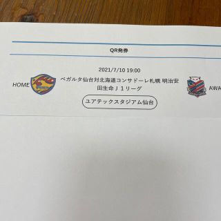 ７月10日ベガルタ仙台対北海道コンサドーレ札幌自由席南二枚(サッカー)