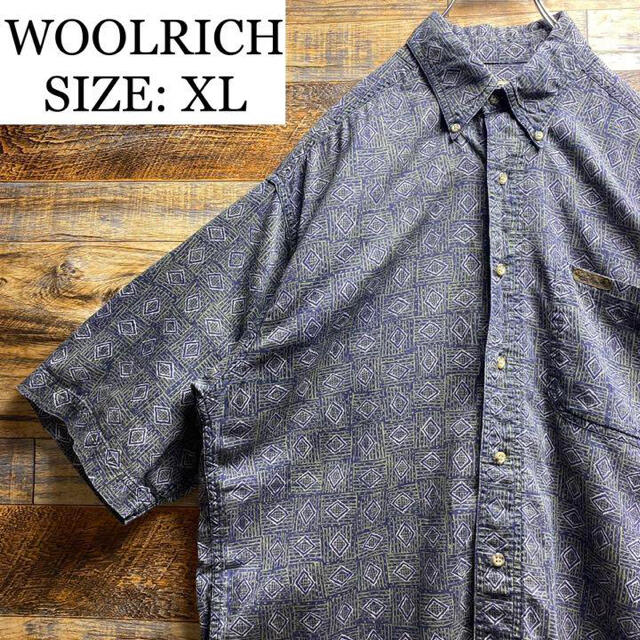 WOOLRICH(ウールリッチ)のウールリッチ総柄半袖シャツXL紺ネイビー緑オーバーサイズ幾何学模様BDシャツ メンズのトップス(シャツ)の商品写真