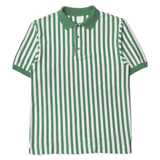 古着 ワイドストライプポロシャツ M程度 グリーン/ホワイト 半袖 トップス【中古】【古着】(ポロシャツ)