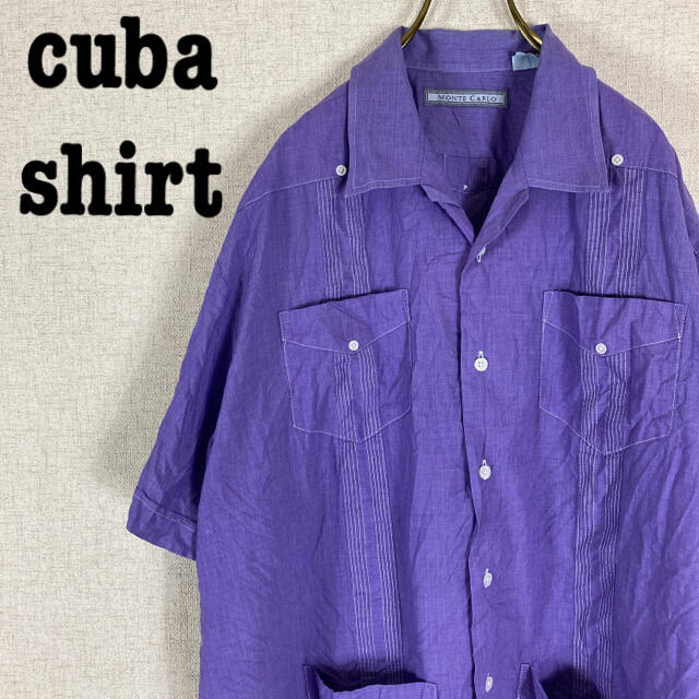 キューバシャツ メキシカンシャツ 開閉シャツ 半袖 パープル ビッグシルエット
