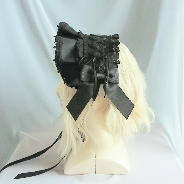編み上げハーフボンネット風ヘッドドレス 黒×黒