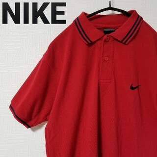 ナイキ(NIKE)のスウッシュ刺繍　NIKE　ボーダー　オーバーサイズ　赤×紺　ポロシャツ　刺繍ロゴ(ポロシャツ)