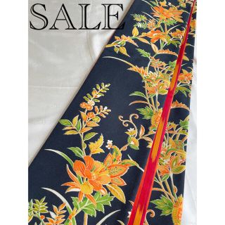 ◇SALE◇半幅帯　紺地花柄×正絹縞コート　半襟付き(帯)