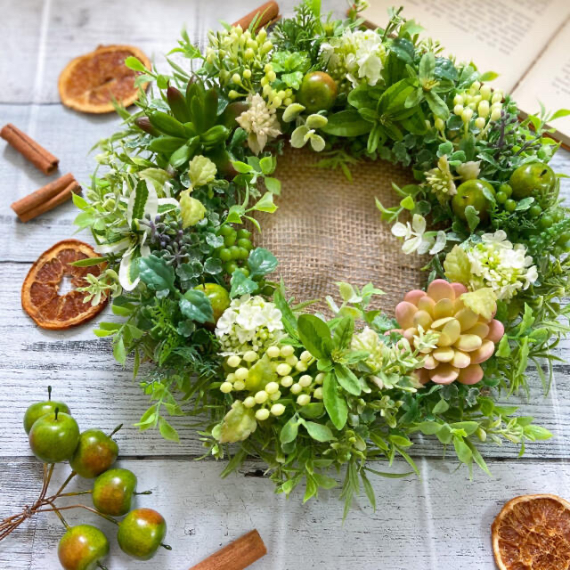 専用⭐︎ボタニカルリース⭐︎2種の多肉植物&青リンゴ×ライトグリーン(31cm)