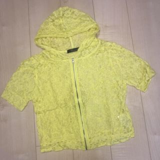 ♪美品♪ レース ジップ パーカー 花柄 総柄 半袖 イエロー 黄色 Ｍ(パーカー)