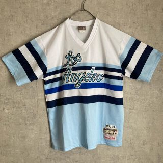 ミッチェルアンドネス(MITCHELL & NESS)の美品・希少　mitchell&ness レイカーズ　ゲームシャツ　XXL 白　青(Tシャツ/カットソー(半袖/袖なし))