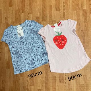 エイチアンドエム(H&M)のTシャツ 2枚セット 90cm／水色×ボタニカル/ピンク×いちごちゃん(Tシャツ/カットソー)