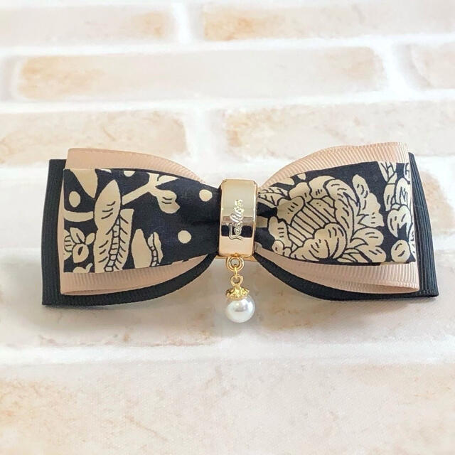 *Liberty*トリプルリボンのバレッタ*ブラック×ベージュ×マロリー*ワイド 1