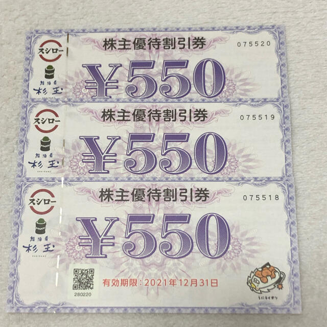 スシロー 株主優待割引券   550円券×3枚　【1,650円】 チケットの優待券/割引券(レストラン/食事券)の商品写真