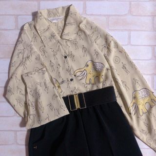 ロキエ(Lochie)のベージュ 線人間 象 ユニーク 柄シャツ ポリシャツ ゆったり レトロ(シャツ/ブラウス(長袖/七分))