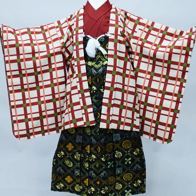 七五三 五歳 男児 羽織袴フルセット おりびと NO35109ベージュ地×赤茶格子柄着物