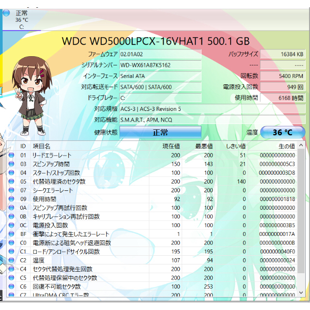 WD5000LPCX正常  500GB 2.5in 7mm 949回 6188h スマホ/家電/カメラのPC/タブレット(PCパーツ)の商品写真