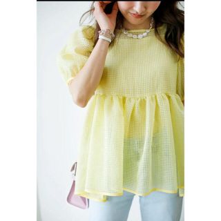 bluelea シースルーチェックブラウス yellow(シャツ/ブラウス(半袖/袖なし))