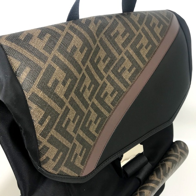 FENDI(フェンディ)のフェンディ FENDI ズッカ FF柄 7VZ045 バックパック リュックサック ナイロン/レザー ブラック ブラック×ブラウン 新品同様 メンズのバッグ(バッグパック/リュック)の商品写真