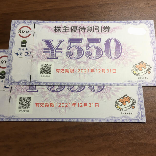 スシロー　優待券　550円✖️2枚 チケットの優待券/割引券(レストラン/食事券)の商品写真