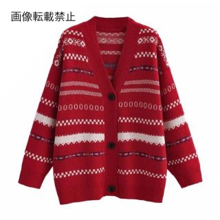 ザラ(ZARA)の💠6月新作🦋4671◆red レッド 柄 Vネック ニットカーディガン(カーディガン)
