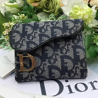 専用Dior クリスチャン ディオール レザー 二つ折り財布 ネイビー極美品☆