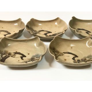 骨董 アンティーク 京焼 唐津焼 鉄絵 船形 松図 向付 小鉢 銘々皿 5枚