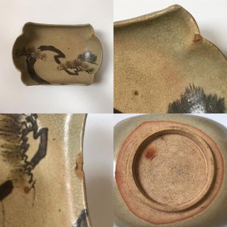 骨董 アンティーク 京焼 唐津焼 鉄絵 船形 松図 向付 小鉢 銘々皿 5枚