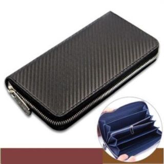 メンズ　長財布　カーボン　レザー　ラウンドファスナー　黒×青　新品(長財布)