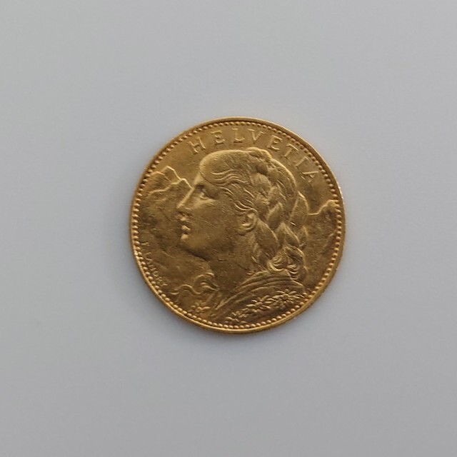 アンティークコイン1915 スイス アルプスの少女 10フラン 金貨 ブレネリ ヘルべティア女神