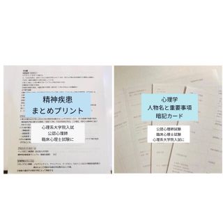 心理学人名暗記カード、精神疾患まとめプリントセット！ 臨床心理士、公認心理師試験(語学/参考書)