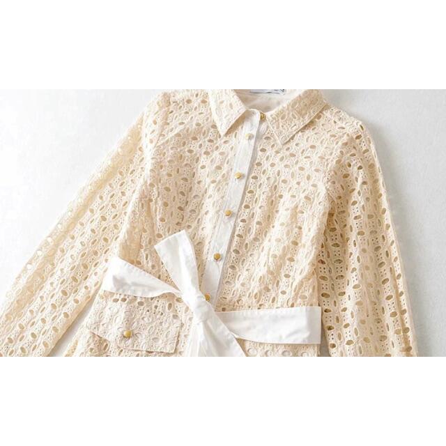 ZARA(ザラ)の🌻7月新作🎋4694◆透かし 刺繍 リボン シャツワンピース レディースのワンピース(ミニワンピース)の商品写真