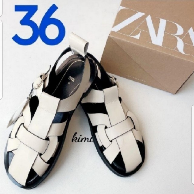 ZARA 36　(箱有)　 レザーフラットケージサンダル　グルカサンダルミュールローファー