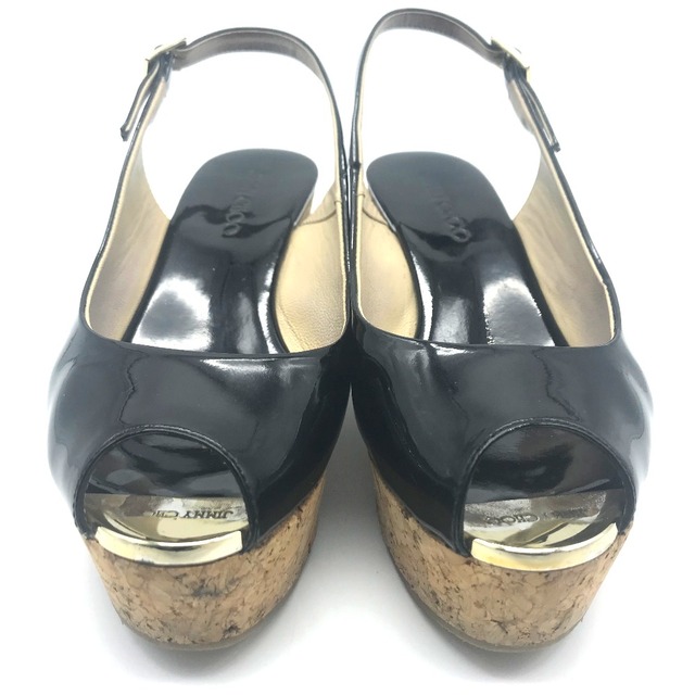 JIMMY CHOO(ジミーチュウ)のジミーチュウ JIMMY CHOO コルクウェッジソール 365PRAISE レディースシューズ オープン トゥ サンダル パテントレザー ブラック×ベージュ レディースの靴/シューズ(サンダル)の商品写真