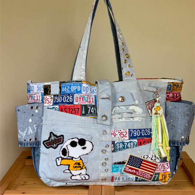 バックハンドメイドトートバッグL × デニムリメイク - バッグ バックハンドメイドトートバッグL × デニムリメイク - バッグ