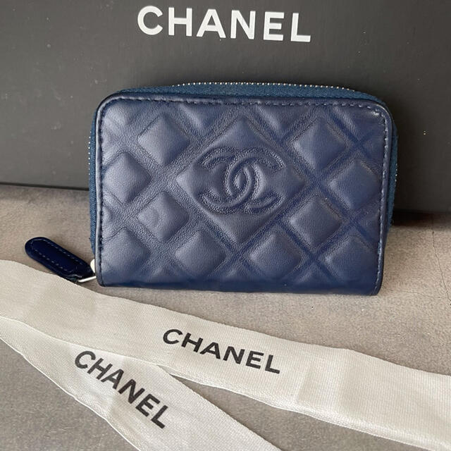 美品　CHANEL ダイヤモンド　ステッチ　コインケース　ネイビー