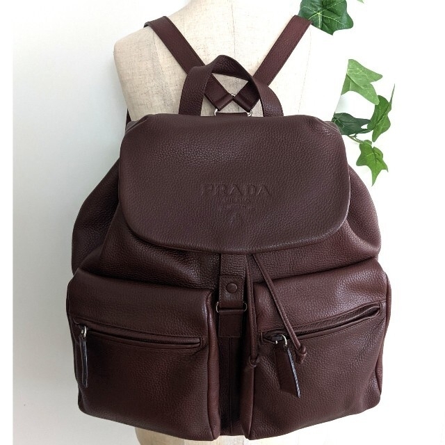 未使用☆ PRADA 大きめ レザー リュック バッグ 茶色 レディース メンズ-