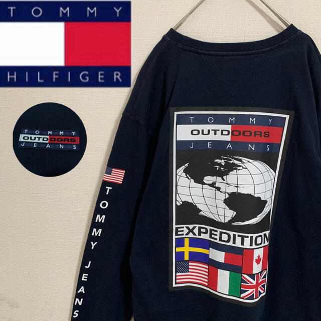 TOMMY HILFIGER(トミーヒルフィガー)のトミージーンズ　長袖Tシャツ　ロンT ネイビー 刺繍ロゴ　袖ロゴ　背面プリント メンズのトップス(Tシャツ/カットソー(七分/長袖))の商品写真