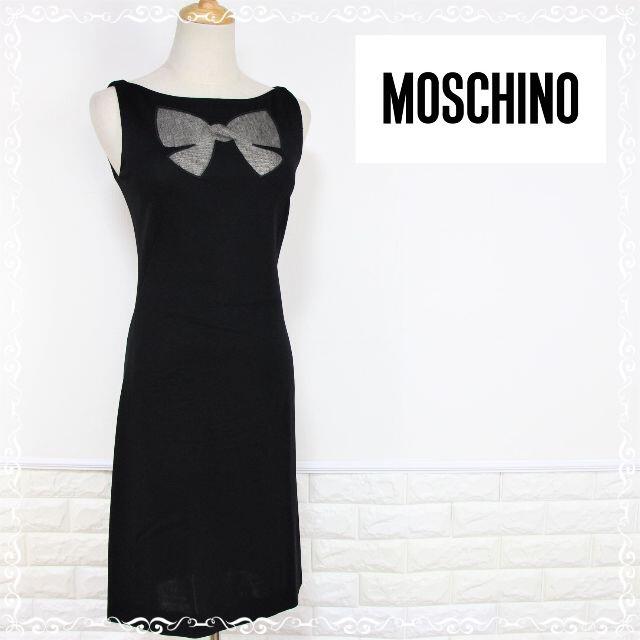 MOSCHINO - モスキーノ　ノースリーブ　ワンピース　ひざ丈　メッシュ　リボン　USA6　M　黒