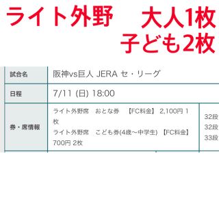 ハンシンタイガース(阪神タイガース)の7月11日（日）阪神vs巨人 外野ライト3枚（大人1、子供2）(野球)