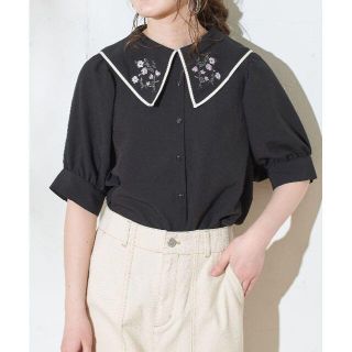 オリーブデオリーブ(OLIVEdesOLIVE)の新品-M-OLIVE des OLIVE-セラーカラー刺繍ブラウス（ブラック）(シャツ/ブラウス(半袖/袖なし))