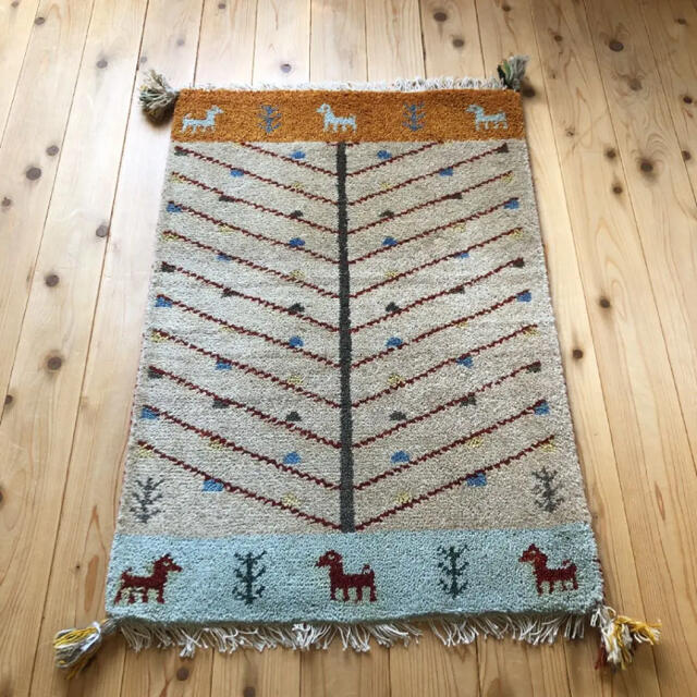 ウールギャベ 手織り60×90cm 玄関マットサイズ フリンジ&タッセル付新品