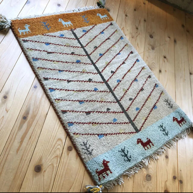 ウールギャベ 手織り60×90cm 玄関マットサイズ フリンジ&タッセル付新品 1