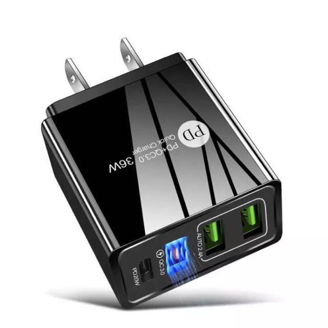 PD+USB3ポート ACアダプター黒★ USB-C TypeC機器対応高速充電 スマホ/家電/カメラのスマートフォン/携帯電話(バッテリー/充電器)の商品写真