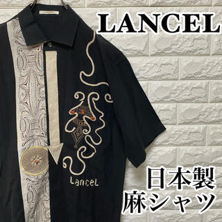 【LANCEL】美品 麻シャツ ビッグサイズ 刺繍　デザイン レトロ ランセル
