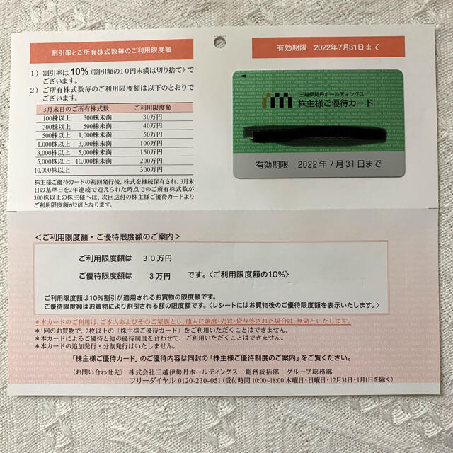 三越伊勢丹ホールディングス株主優待　限度額30万迄　2022/7/31迄