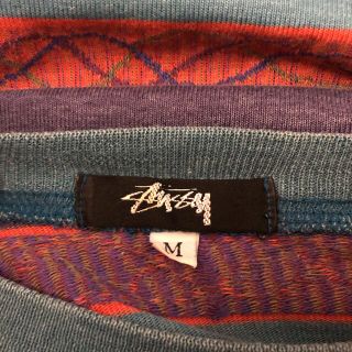 Stussy　80s 黒タグ　半袖Tシャツ　XL相当　刺繍総柄ボーダー　超希少