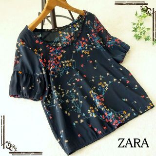 ザラ(ZARA)のZARA BASIC ザラ フラワープリント トップス ネイビー 花柄(シャツ/ブラウス(半袖/袖なし))