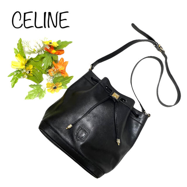 celine   希少品 オールドセリーヌ 巾着レザーショルダーバッグ