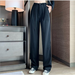 新品未使用 ハイウエストパンツ ブラック ロング Lサイズ ドレープ ワイド (カジュアルパンツ)