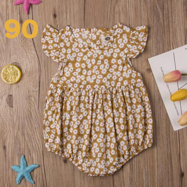 小花柄ベビーロンパース✳︎ マスタードイエロー　90 キッズ/ベビー/マタニティのキッズ服女の子用(90cm~)(ワンピース)の商品写真